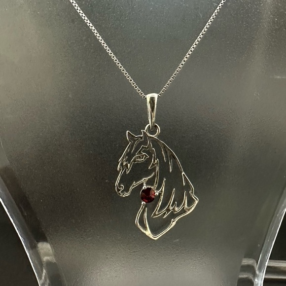 Sterling Silver Horse Pendant Necklace | 925 Italy Chain with Garnet Gemstone - Picture 4 of 16